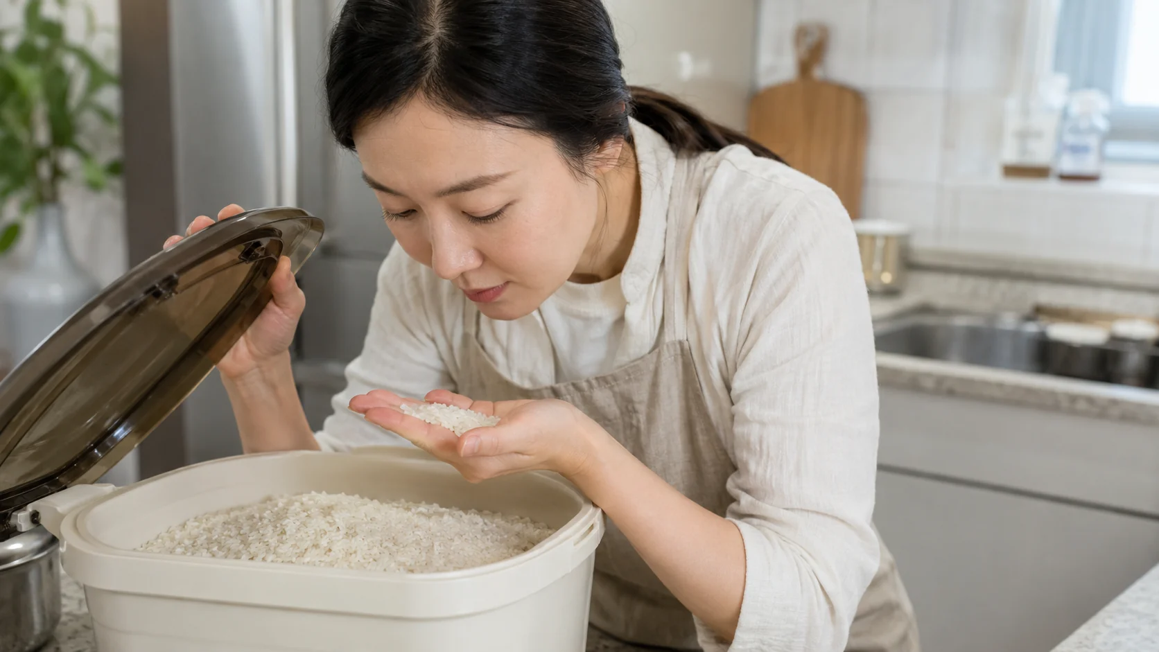 쌀통을 열고 쌀 상태를 확인하는 장면
